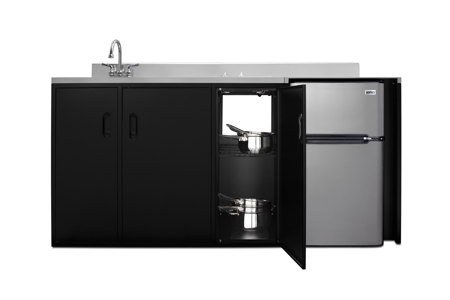 72 inch wide, ADA counter height all-in-one kitchenette in black with a 2-burner 115V smooth top cooktop, 2-door refrigerator-freezer, sink, and three storage cabinets